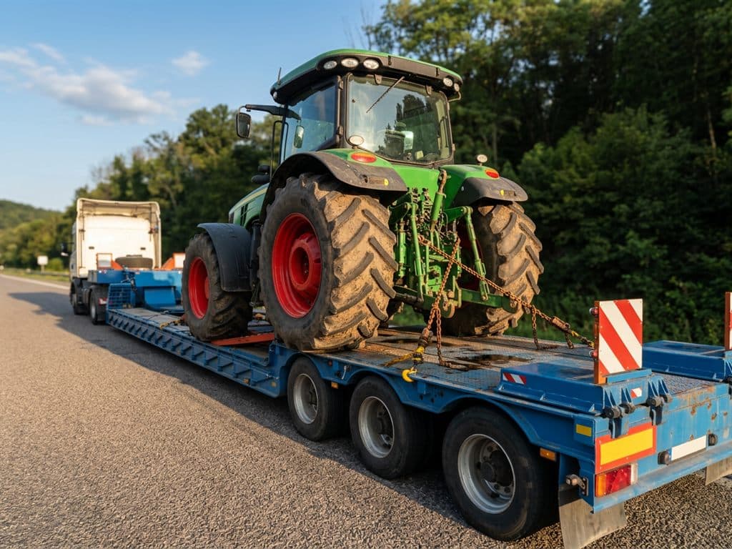 Góndola transportando un tractor agrícola como vehículo sobredimensionado en Santiago de Compostela